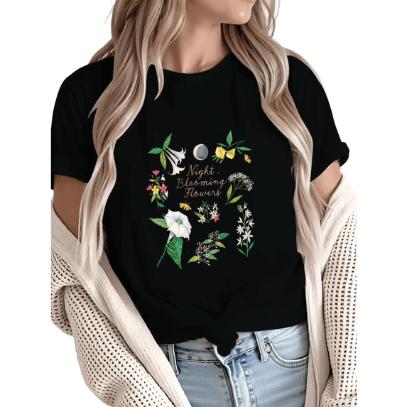 Giffimy Women's Night Blooming Flowers Moon Graphic Short Sleeve T-Shirt Casual Cotton Crewneck Top
