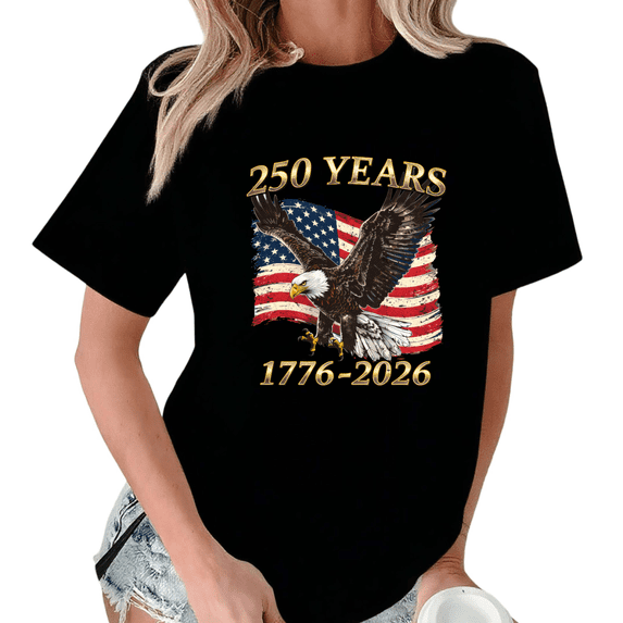Giffimy Women's Patriotic 250th Anniversary Eagle Print Short Sleeve T-Shirt Black S-5XL Relaxed Fit Cotton Top