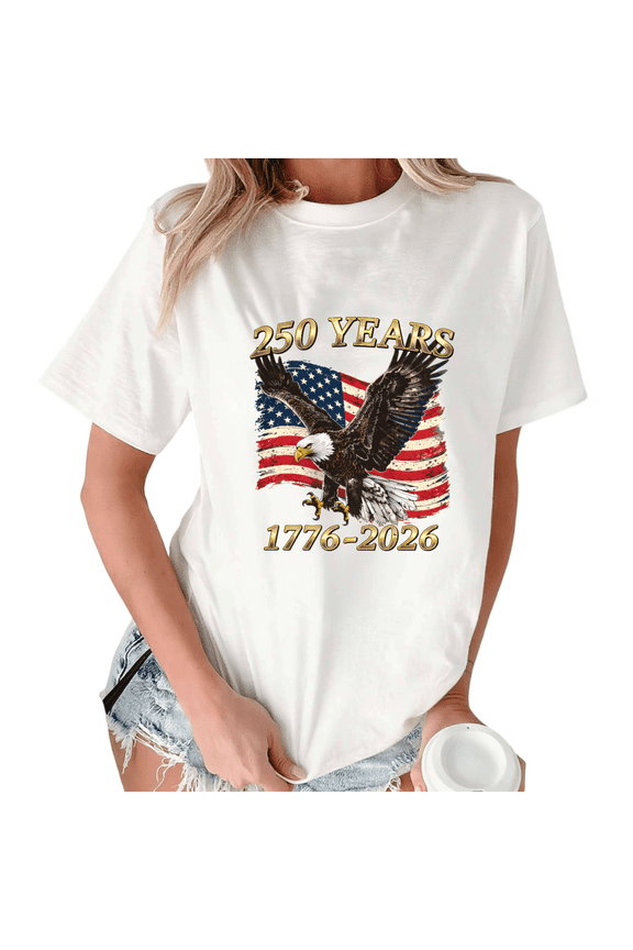 Women's Patriotic 250th Anniversary Eagle Print Short Sleeve T-Shirt White S-5XL Relaxed Fit Cotton Top