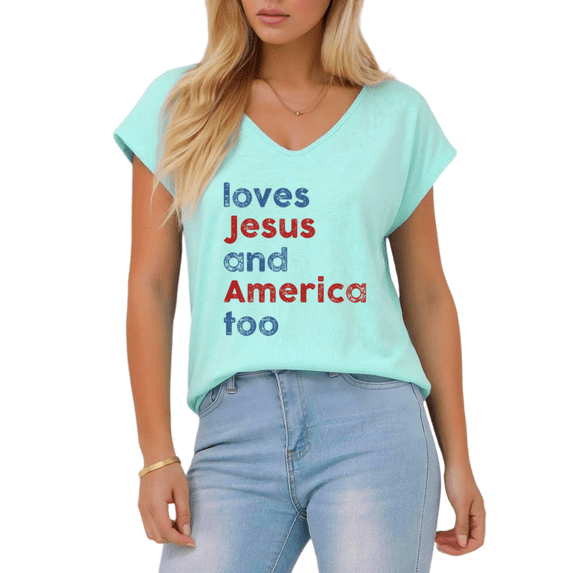 Giffimy Women's Patriotic Christian "Loves Jesus and America Too" V-Neck Sleeveless T-Shirt S-5XL Soft Casual Tank Top