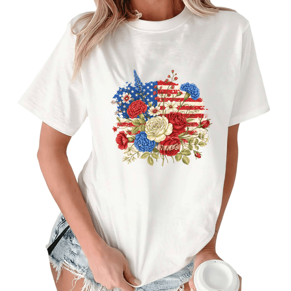Giffimy Women's Patriotic USA Floral Flag Print Short Sleeve T-Shirt White S-5XL Relaxed Fit Cotton Top