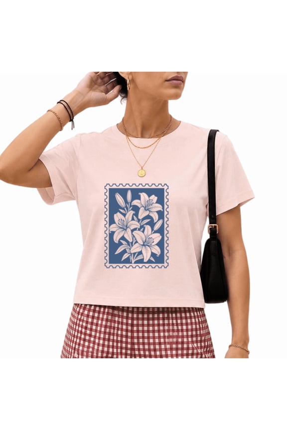 Women's Pink Blue Stamp Lily Flower Line Art Graphic Short Sleeve Crop T-Shirt Crewneck XS-XL Top