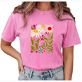 thumbnail image 1 of Giffimy Women's Pink Colorful Retro Floral Vintage Washed T-Shirt Short Sleeve S-2XL Relaxed Fit Top, 1 of 6