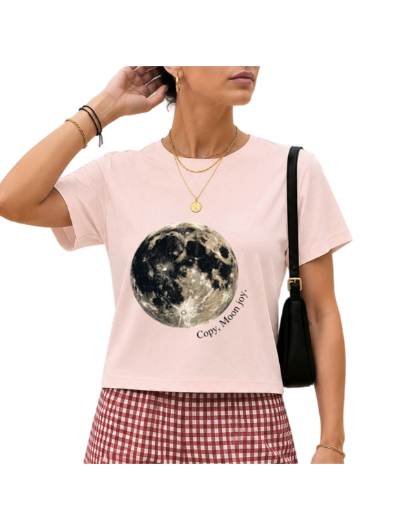 Women's Pink Full Moon Copy Moon Joy Celestial Graphic Short Sleeve Crop T-Shirt Crewneck XS-XL Top
