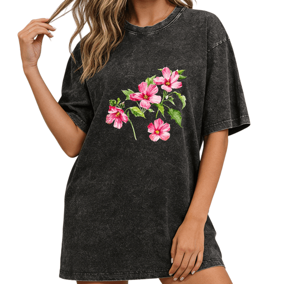 Giffimy Women's Pink Hibiscus Watercolor Floral Graphic Oversized Short Sleeve T-shirt Soft Washed Tee