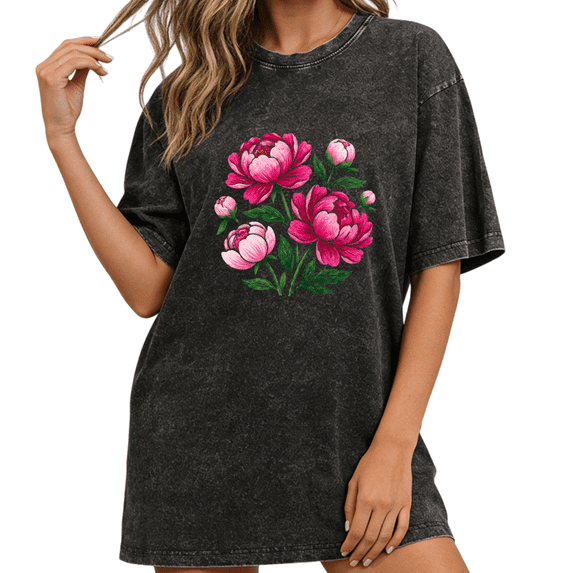 Giffimy Women's Pink Peony Watercolor Floral Graphic Oversized Short Sleeve T-shirt Spring Washed Tee