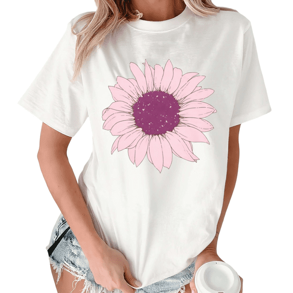 Giffimy Women's Pink Sunflower Floral Graphic Short Sleeve T-Shirt S-5XL Cotton Fashion Top