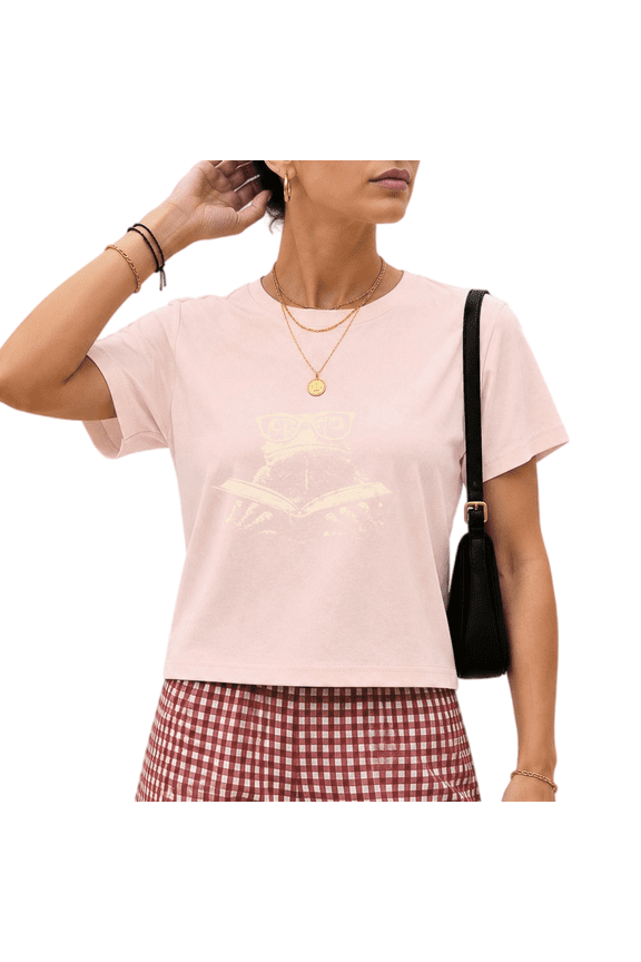 Women's Pink Vintage Eyeglasses Reading Frog Sketch Graphic Short Sleeve Crop T-Shirt Soft XS-XL Top