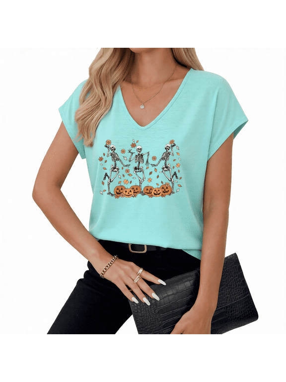 Women's Pumpkin Lantern Skeleton Print T-Shirt Whimsical Harvest V Neck Sleeveless Tank Top