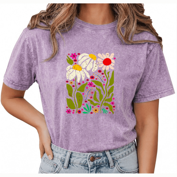 Giffimy Women's Purple Colorful Retro Floral Vintage Washed T-Shirt Short Sleeve S-2XL Relaxed Fit Top