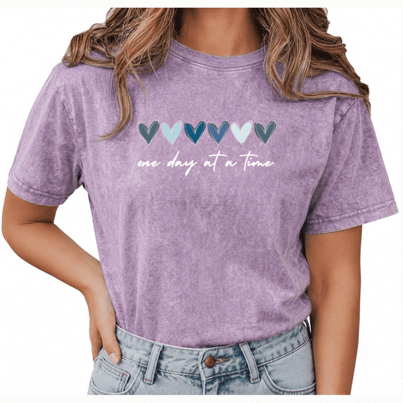 Giffimy Women's Purple One Day At A Time Tee Vintage Washed T-Shirt Short Sleeve Relaxed Fit Top