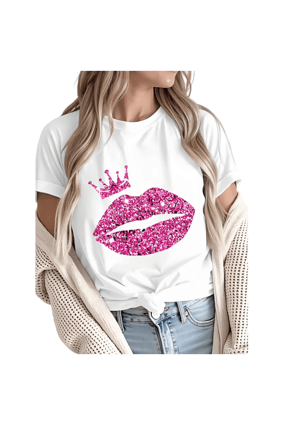Women's Queen Glitter Lips Crown Graphic Short Sleeve T-Shirt Soft Cotton Casual Tee