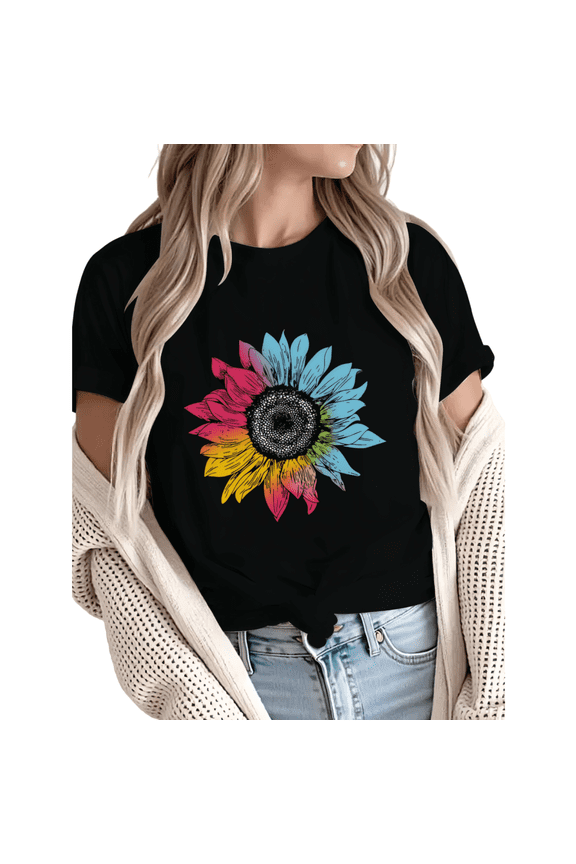 Women's Rainbow Tie-Dye Sunflower Graphic Short Sleeve T-Shirt Comfortable Cotton Crewneck Top