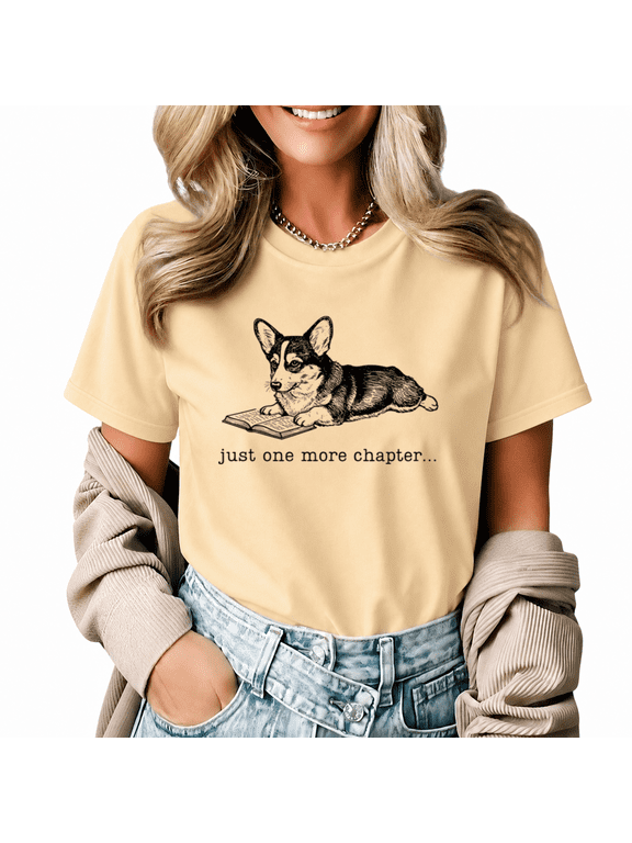 Women's Reading Corgi Just One More Chapter Graphic Short Sleeve T-shirt Relaxed Casual Top