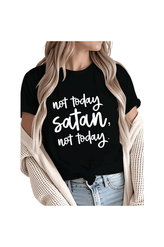 Women's Retro Cursive Not Today Satan Religious Grace Graphic Short Sleeve T-Shirt Casual Cotton Crewneck Top Black S-5XL