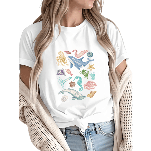 Giffimy Women's Retro Marine Life Whale Octopus Graphic Short Sleeve T-Shirt Soft Cotton Casual Tee