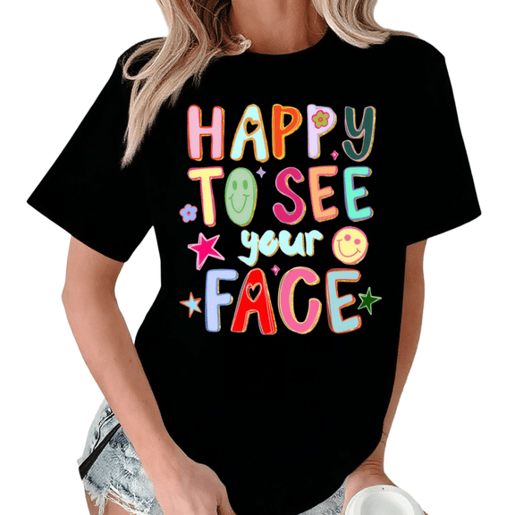 Giffimy Women's Retro Smiley Face Positive Tee Short Sleeve T-Shirt Black Casual Relaxed Fit Top