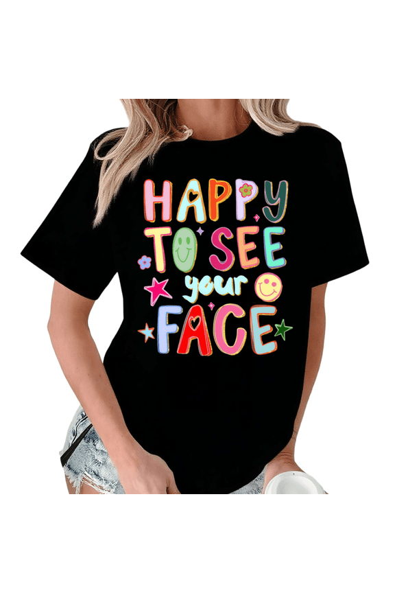 Women's Retro Smiley Face Positive Tee Short Sleeve T-Shirt Black Casual Relaxed Fit Top