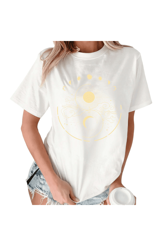 Women's Retro Sun Moon Phase Print Short Sleeve T-Shirt White Casual Crewneck Top