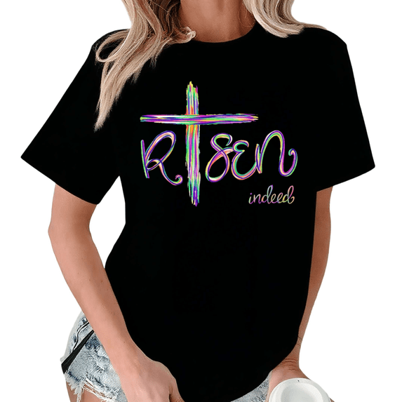 Giffimy Women's Risen Indeed Rainbow Cross Easter Christian Graphic Black Short Sleeve Fashion Holiday T-Shirt Holiday S-5XL Top