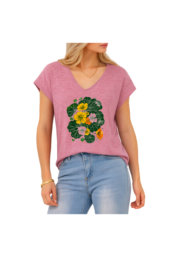 Women's Rose Red Rustic Garden Nasturtium Floral S-5XL V-Neck Sleeveless T-Shirt Sweet Weekend Tank Top