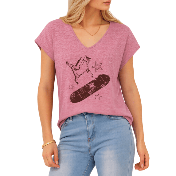 Giffimy Women's Rose Red Skateboarding Cat Print S-5XL V-Neck Sleeveless T-Shirt Funny Cat Lover Tank Top