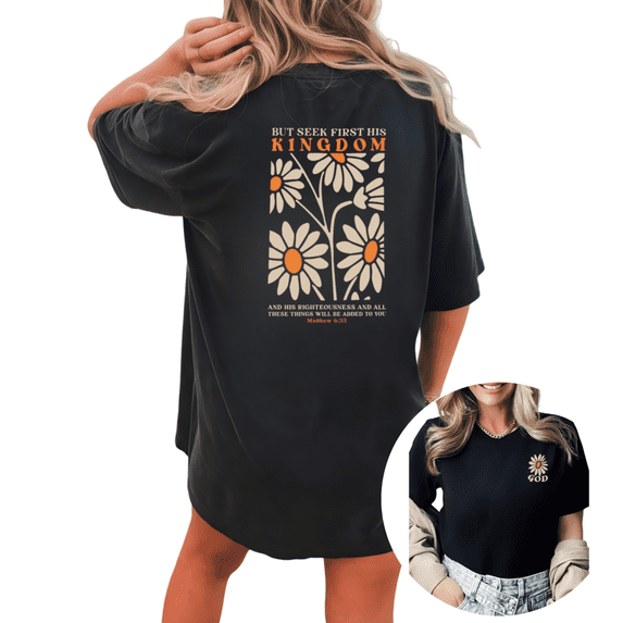 Giffimy Women's "Seek First His Kingdom" Matthew 6:33 Floral Christian Graphic Short Sleeve T-Shirt Casual Cotton Crewneck Top