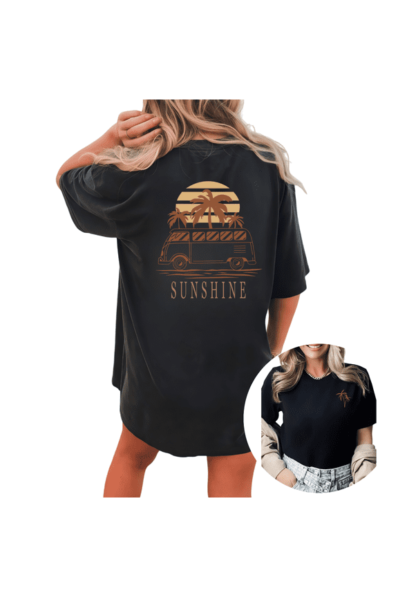 Women's Summer Retro Sunshine Van Palm Tree Graphic Short Sleeve T-Shirt Loose Cotton Top