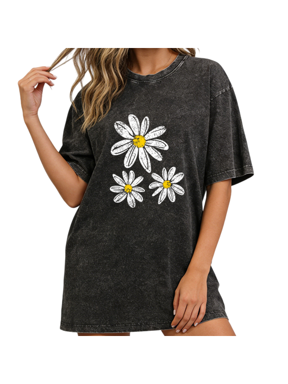 Women's Three Daisy Floral Graphic Oversized Short Sleeve T-shirt Retro Washed Tee