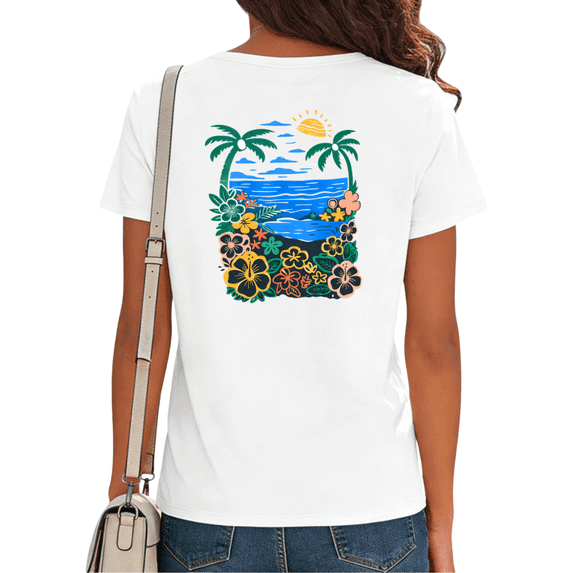 Giffimy Women's Tropical Hibiscus Palm Tree Beach Sunset Graphic Short Sleeve T-Shirt S-5XL Casual Cotton Fashion Top