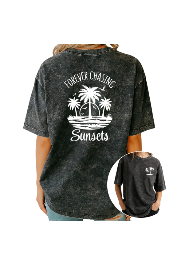 Women's Tropical Island Palm Sunset Forever Chasing Sunsets Coastal Graphic Washed T-Shirt Short Sleeve Distressed Fit Tee
