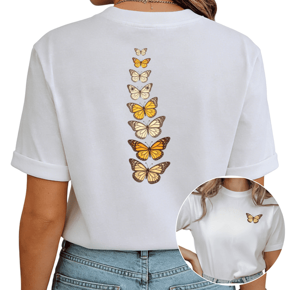 Giffimy Women's Vertical Butterfly Collection Graphic White Short Sleeve T-Shirt S-5XL Fashion Crewneck Top