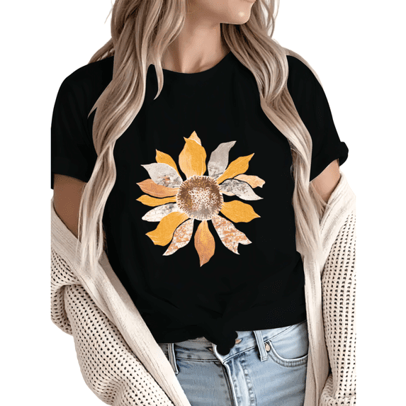 Giffimy Women's Vintage Collage Sunflower Graphic Short Sleeve T-Shirt Casual Cotton Crewneck Top