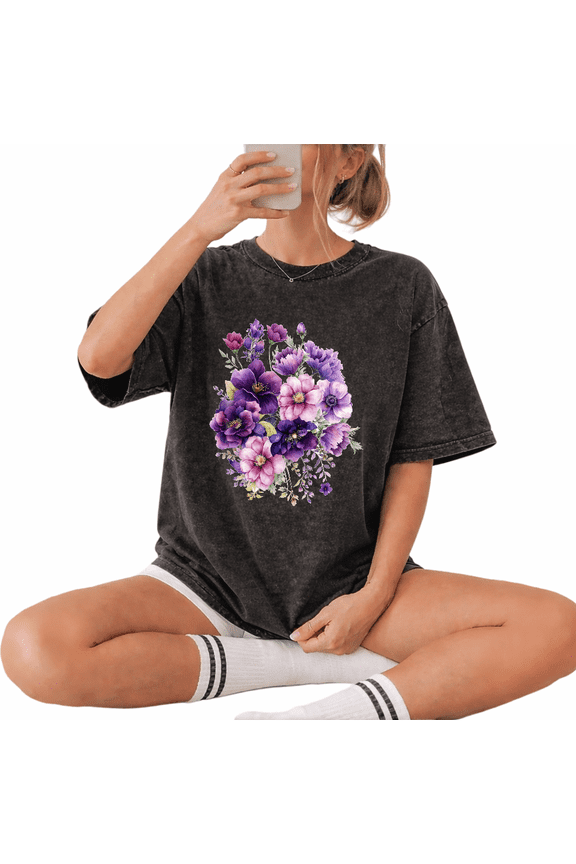 Women's Vintage Dark Purple Peony Floral Cluster Watercolor Art Vintage Washed T-Shirt Classic Crew Short Sleeve Slouchy Loose Fit Washed Distressed Cotton Cottagecore Gardening Casual Top