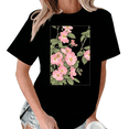 thumbnail image 1 of Giffimy Women's Vintage Frame Pink Wild Rose Vine Floral Graphic Black Short Sleeve T-Shirt Fashion Holiday S-5XL Top, 1 of 5