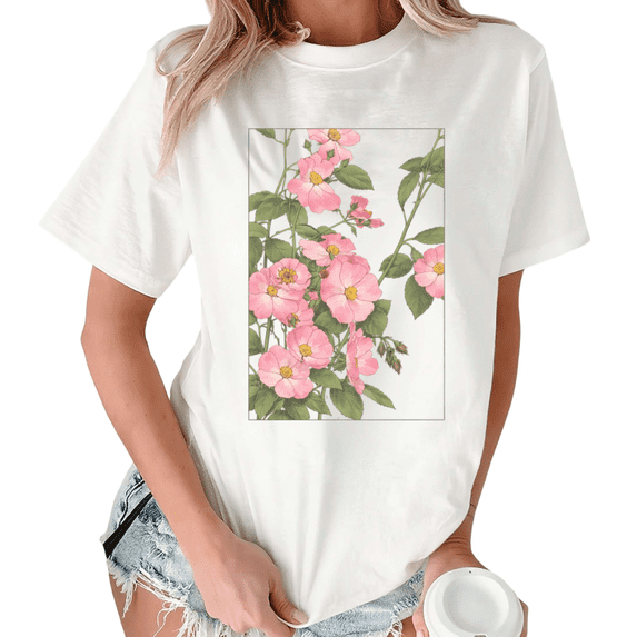 Giffimy Women's Vintage Frame Pink Wild Rose Vine Floral Graphic White Short Sleeve T-Shirt Fashion Holiday S-5XL Top