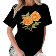 thumbnail image 1 of Giffimy Women's Vintage Orange Marigold Floral Botanical Graphic Black Short Sleeve T-Shirt Fashion Holiday S-5XL Top, 1 of 5