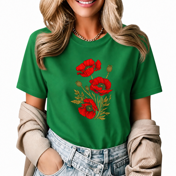 Giffimy Women's Vintage Red Poppy Flower Bouquet Graphic Cropped Short Sleeve T-shirt Regular Relaxed Fit Daily Casual Top