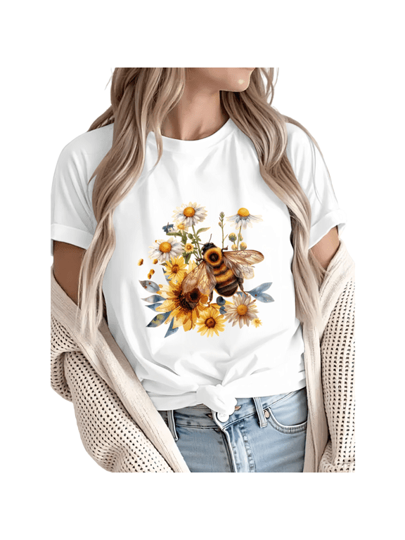 Women's Watercolor Bee with Sunflowers and Daisies Graphic Short Sleeve T-Shirt Casual Cotton Crewneck Top