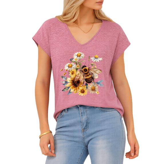 Giffimy Women's Watercolor Bee with Wildflowers V-Neck Sleeveless T-Shirt S-5XL Soft Casual Tank Top
