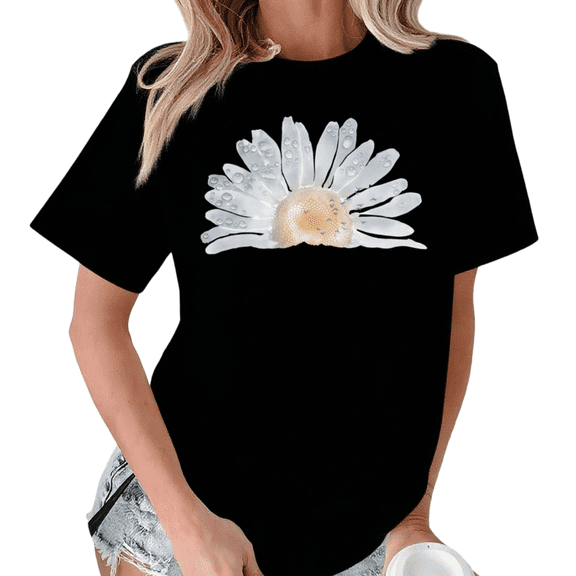 Giffimy Women's Watercolor Daisy Graphic Black Short Sleeve T-Shirt Casual Crewneck Top