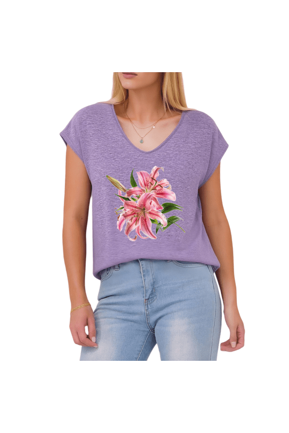 Women's Watercolor Pink Lily Floral Print Purple V-Neck Sleeveless T-Shirt Holiday Tank S-5XL Top