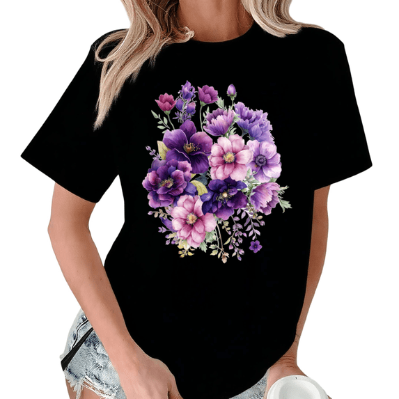 Giffimy Women's Watercolor Purple Pink Floral Bouquet Graphic Black Short Sleeve T-Shirt Fashion Holiday S-5XL Top