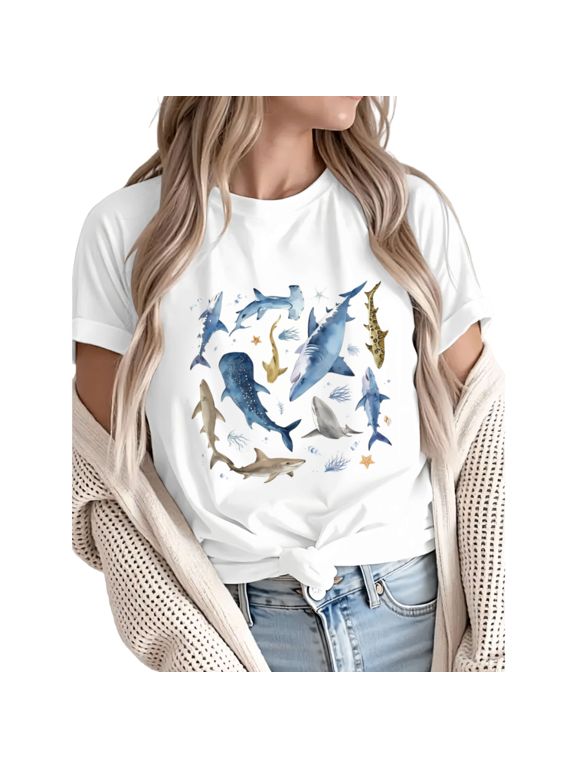 Women's Watercolor Shark Collage Ocean Creature Graphic Short Sleeve T-Shirt Casual Cotton Crewneck Top White S-5XL