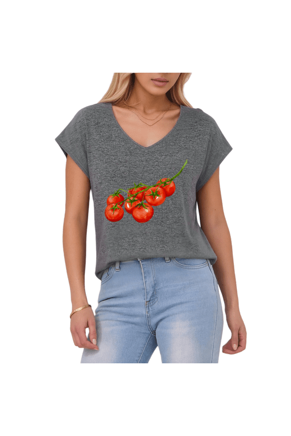 Women's Watercolor Vine Cherry Tomato Print Dark Gray V-Neck Sleeveless T-Shirt Holiday Tank S-5XL Top
