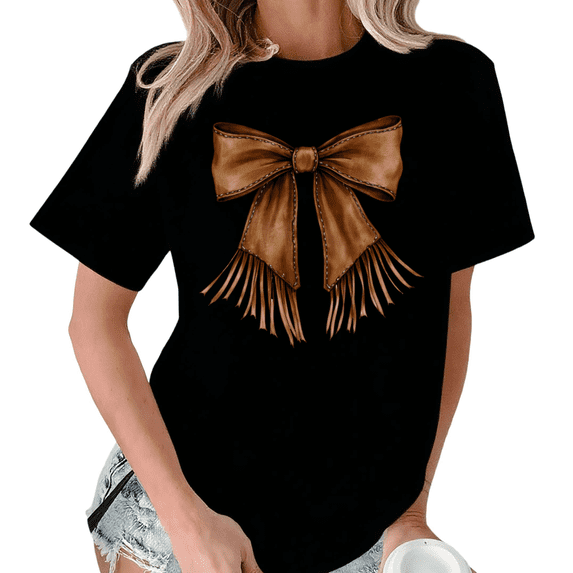 Giffimy Women's Western Fringe Leather Bow Graphic Black Short Sleeve T-Shirt S-5XL Fashion Crewneck Top