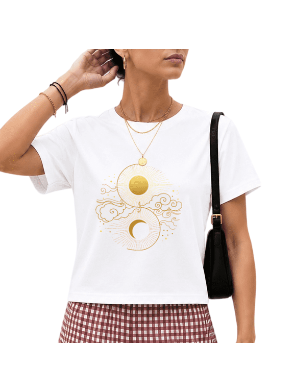 Women's White Gold Sun Moon Graphic Short Sleeve Crop T-Shirt Celestial Top