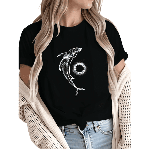 Giffimy Women's White Lined Whale Eclipse Space Ocean Graphic Short Sleeve T-Shirt Casual Cotton Crewneck Top Black S-11XL
