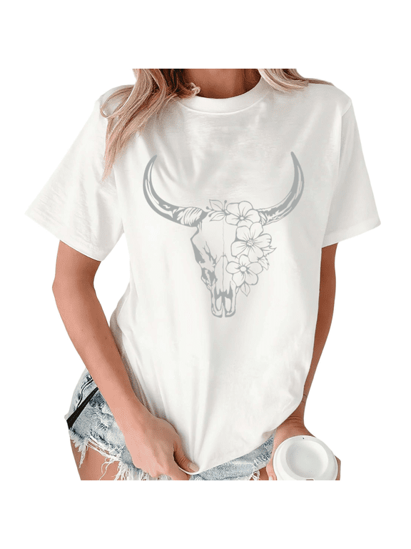 Women's White Wildflower Floral Longhorn Skull Line Art Print Boho Western Cowgirl Floral Graphic Short Sleeve T-Shirt Lightweight Crewneck Top
