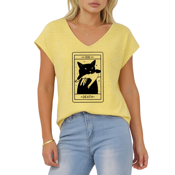 Giffimy Women's Witchy Black Cat Tarot Print Yellow S-5XL V-Neck Sleeveless T-Shirt Occult Summer Tank Top